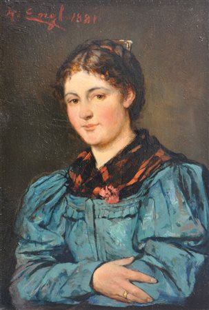 Hugo Engl (Lienz 1852 - Silz 1926) Contadinella tirolese, 1881;Olio su...