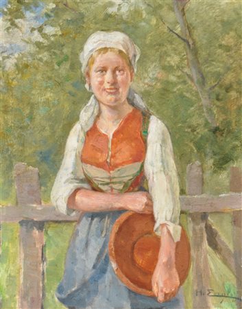 Hugo Engl (Lienz 1852 - Silz 1926) Contadinella tirolese, 1922;Olio su...