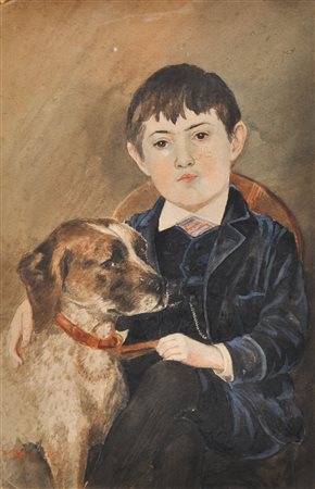 Orazio Gaigher (Levico 1870 - Meran/Merano 1938) Ragazzo con cane;Acquerello...