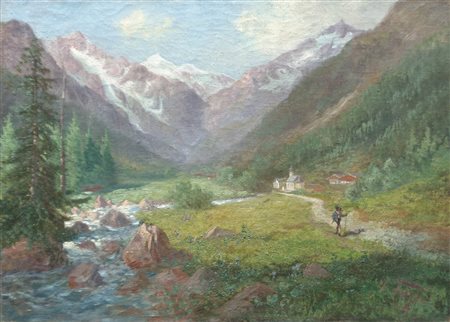 Heinrich Fahr (München 1845 - Innsbruck 1906) Valle Gschnitztal;Olio su...