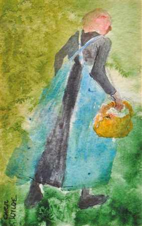 Carol Wilde (Roanoke/Virginia 1938) Donna con cesto;Acquerello, 16 x 10 cm,...