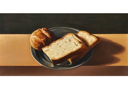 Giorgioppi (Rovereto 1951) Natura morta con pane;Olio su tela, 35 x 69,5 cm,...