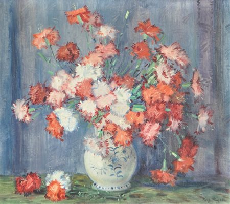 Rolf Regele (Bozen/Bolzano 1899 - 1987) Mazzo di garofani;Olio su tela, 51,5...