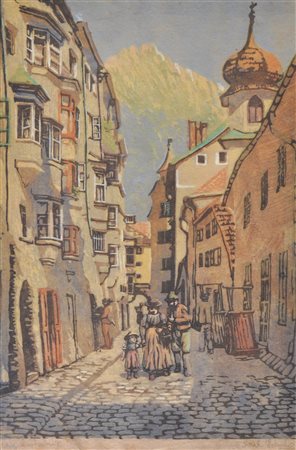 Karl Heinrich Schulz (Bromberg 1884) Hall in Tirolo;Xilografia a colori, 43 x...