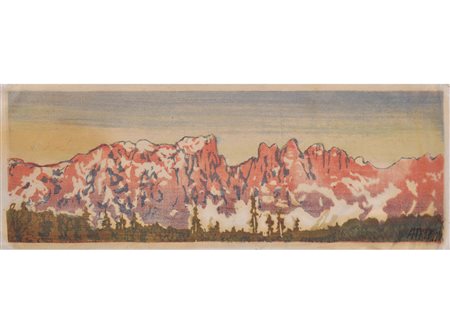 Anton Theodor Röggla Dolomiti;Xilografia a colori, 13 x 39 cm Firma autografa