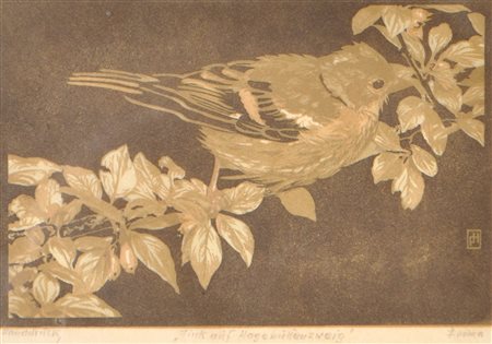 Franz Helmer (Lienz 1909 - Innsbruck 1990) Fringuello su ramo di rosa...