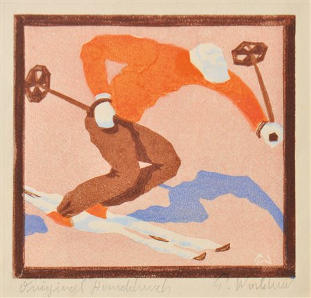 Peter Waldner (Mils 1948) Sciatore;Incisione su linoleum, 15,5 x 16,7 cm...