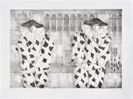 Paul Flora (Glurns/Glorenza 1922 - Innsbruck 2003) Due pagliacci veneziani,...