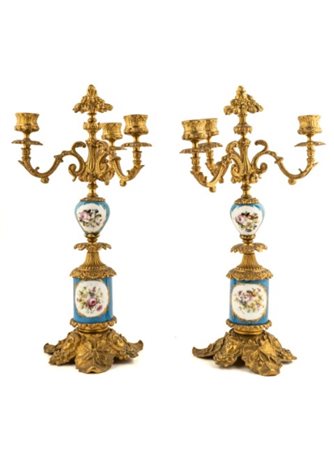 Coppia di candelieri in bronzo e porcellana, Sèvres