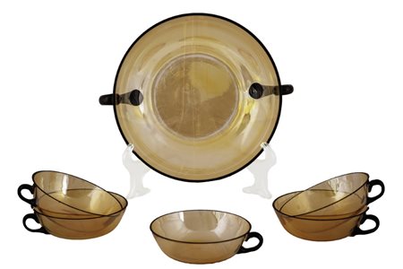 Servito da macedonia in vetro soffiato ambra iridescente