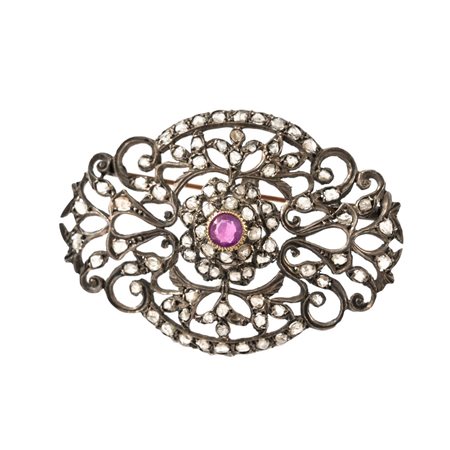 SPILLA in oro 12 KT e argento con diamanti e rubino