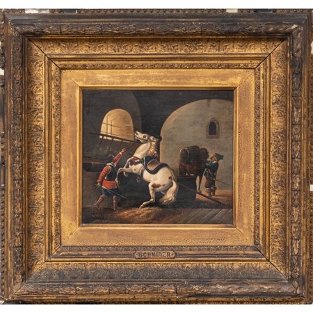 PITTORE DEL XIX SECOLO 
Stalla con cavalieri 
Olio su tela