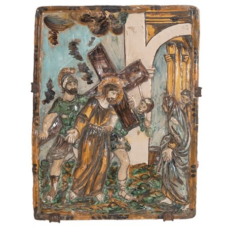 Placca in maiolica dipinta "Stazione della Via Crucis"
