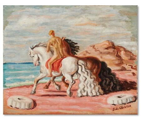 GIORGIO DE CHIRICO "Cavaliere sulla spiaggia" 1929
olio su tela
cm 33x40,6
Firma