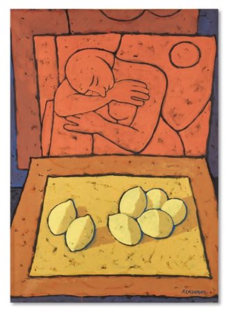 FELICE CASORATI "Figura e limoni" 1960 circa
tempera su carta applicata su tela