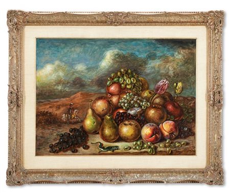 GIORGIO DE CHIRICO "Vita silente di frutta in un paese" 1959
olio su tela
cm 60x