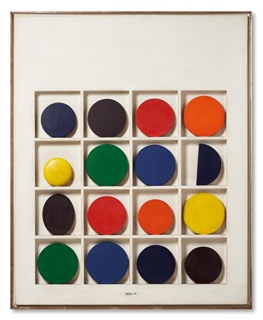 Lucio del Pezzo ( Napoli 1933 – Milano 2020) "Scala cromatica" 1966acrilico e assemblage di legni su tavola