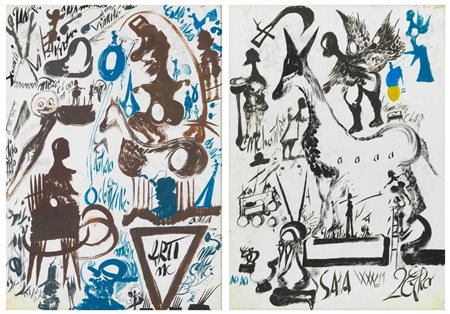 CARLO ZINELLI
Grande figura alata posta sul dorso di un cavallo, due ballerine su una scala e piccola figura crocifissa - Personaggio seduto su un grande seggiolone di colore marrone , 1966