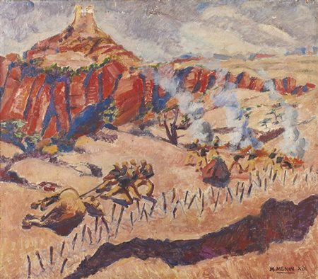 Mario Menin "Bruciare le carogne ad Abbì-Addì" 1941
olio su tavola
cm 70x80
Firm