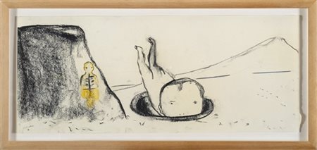 Enzo Cucchi "La pozza" 2002
tecnica mista su carta entro teca con installazione