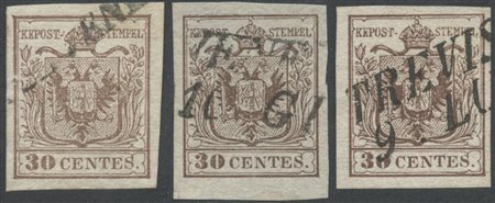 1850, 30c. N.7 in tre diverse tonalità. (Lux)