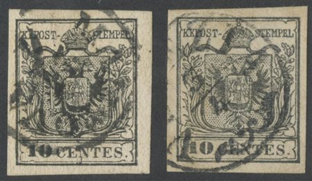 1857, Carta a Macchina 10c. Nero N.19 e 10c. Nero Grigio N.19a, usati...