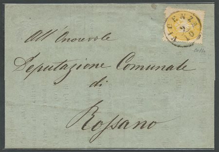 1865, Lettera da Vicenza per Bassano affrancata tramite un 2s. Giallo N.36....
