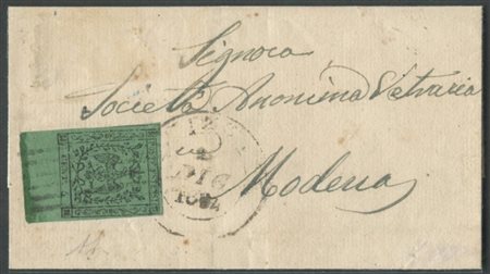 Lettera da Fivizzano per Modena affrancata tramite un 5c. Verde N.1 con bordo...