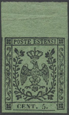 1852, 5c. N.8 Verde Oliva bordo di foglio in alto, MH. (Lux) (A. Diena, Cert....