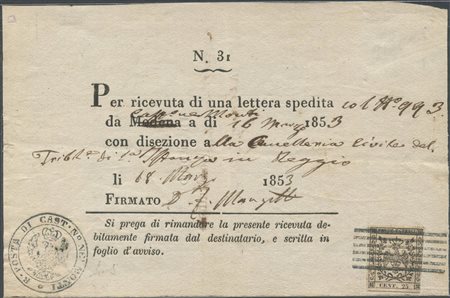 16.03.1853, ricevuta di ritoeno da Castelnuovo nei Monti per Reggio...