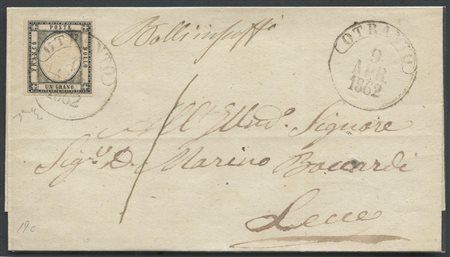 9.03.1862, Lettera da Otanto per Lecce affrancata tramite 1gr. Nero Intenso...