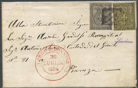 30.07.1854, lettera da B. S. Donnino per Piacenza affrancata per 15c. Tramite...