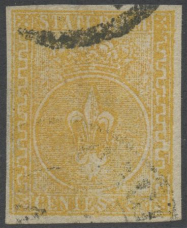 1853, 5c. Giallo arancio N.6 usato. (A) (Cert. Giusti)