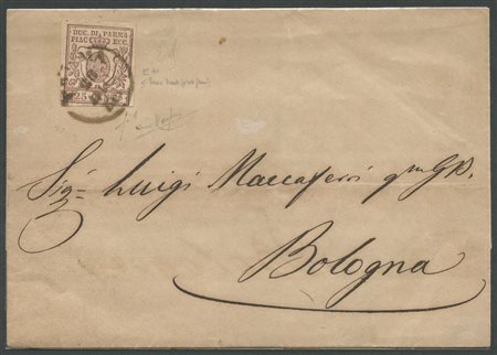 28.12.1858, lettera da Parma per Bologna affrancata tramite un 25c. Burno...