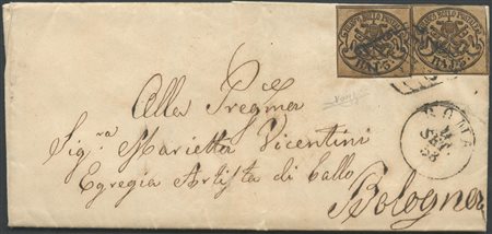 04.09.1858, Lettera da Roma per Bologna affrancata per 6Baj. tramite due...