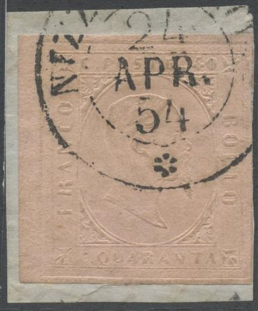 1853, 40c. Rosa N.6 usato a Nizza Marittima il 24 apr. 1854 e conservato su...
