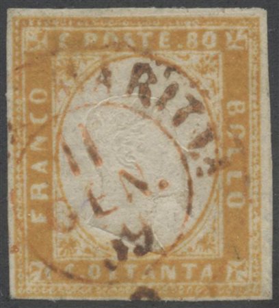 1858, 80c. Ocra arancio N.17b usato con il doppio cerchio in rosso di Nizza...