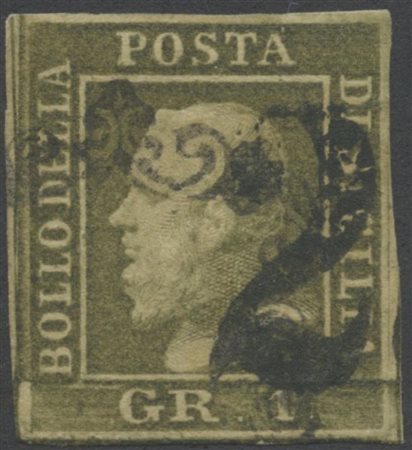 1859, 1gr. III Tav. verde Oliva Carta di Palermo N.5d con interessante...