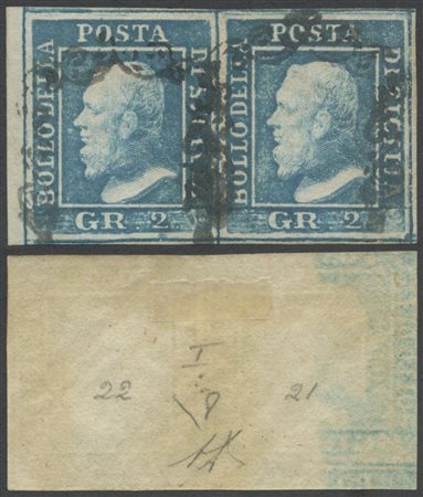 1859, 2gr I tav. Azzurro carta di Palermo in coppia orizzontale, bordo di...