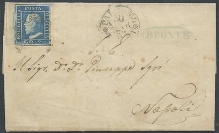 30.03.1860, Lettera da Bronte per Napoli affrancata tramite un 2gr. Azzurro...