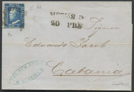 20.04.1859, lettera da messina per Catania affrancata tramite un 2gr. Azzurro...