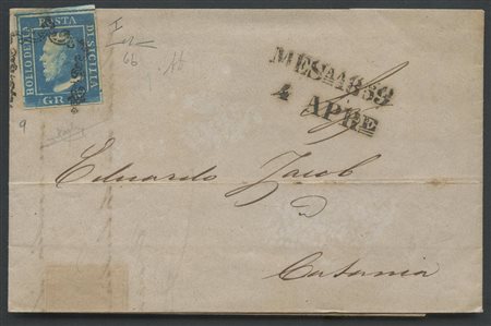 04.04.1859, Lettera da Messina per Catania affrancata tramite un 2gr. I° tav...