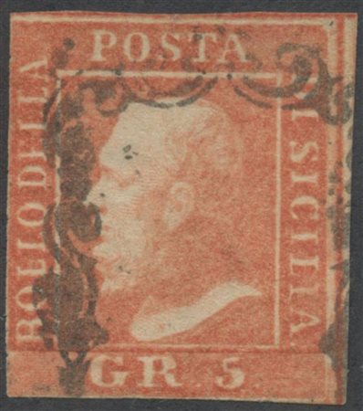 1859, 5gr. N.10a Vermiglio, usato. Margine sinistro sfiorato. (B)