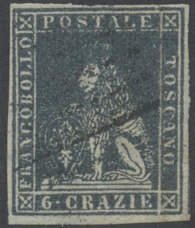 1851, 6cr. Ardesia (Scuro) su grigio N.7. Esemplare molto fresco e con grandi...