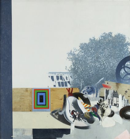 GIANFRANCO FERRONI (1927-2001) Oggetti e paesaggio 1975 olio su tela cm 97x74...