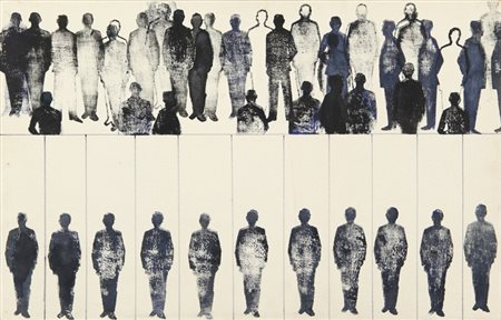 RENATO MAMBOR (1936-) Uomini timbro 1963 tela su tavola cm 42x64,5 firmato,...