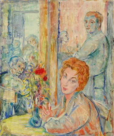 ALIGI SASSU (1912-2000) Franca al caffè 1957 olio su tela cm 61x50 firmato,...