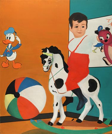 ALDO MONDINO (1938-2005) Ritratto equestre 1963 tempera su faesite cm 130x120...