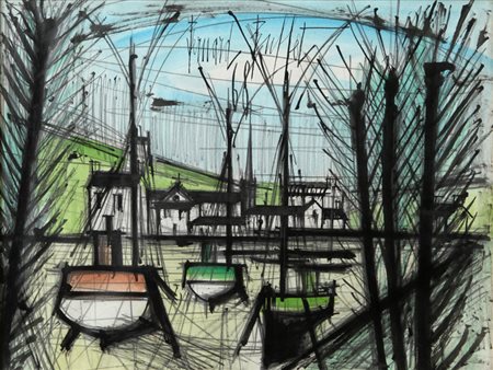 BERNARD BUFFET (1928-1999) Bateaux à mare'e basse 1968 tecnica mista su carta...