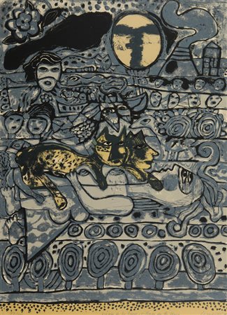 CORNEILLE (CORNELIUS VAN BEVERLOO) (1922-) Visage de la lune, village de la...